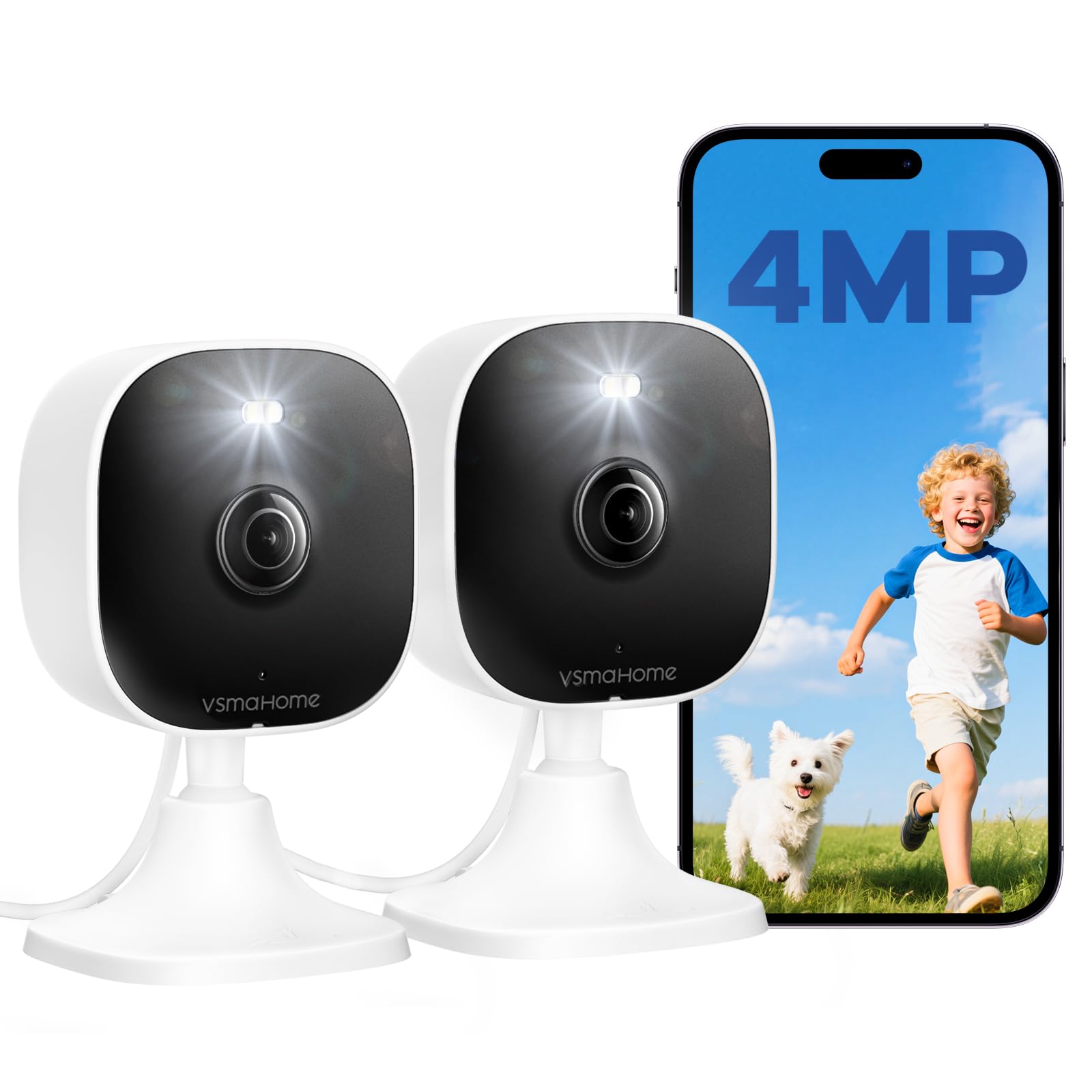 4MP Indoor Cameras for Home Security Outdoor, Home Security Camera System, 2.4g/5g Camera for House/Elder/Dog/Pet/Baby, Plug and Play, Support Card/Cloud (Not Included), Wired, 2PCS