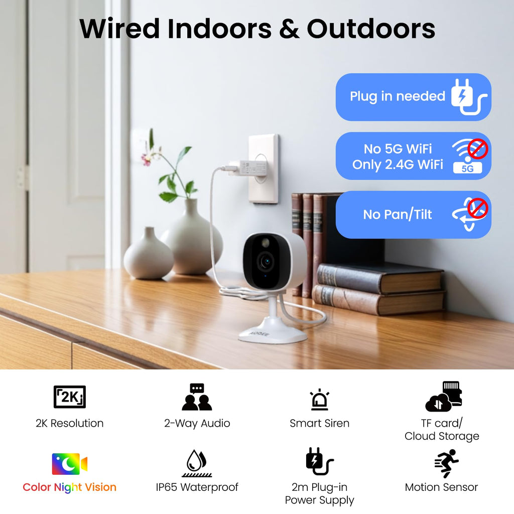 AOQEE 2K Cameras for Home Security-Outdoor/Indoor Camera for Dog/Cat/Pet/Nanny/Baby/Elderly, Color Night Vision, White Light, Siren, 24/7 SD Recordings, Works with Alexa, Plug in (C1-White-2pack-2.4G)