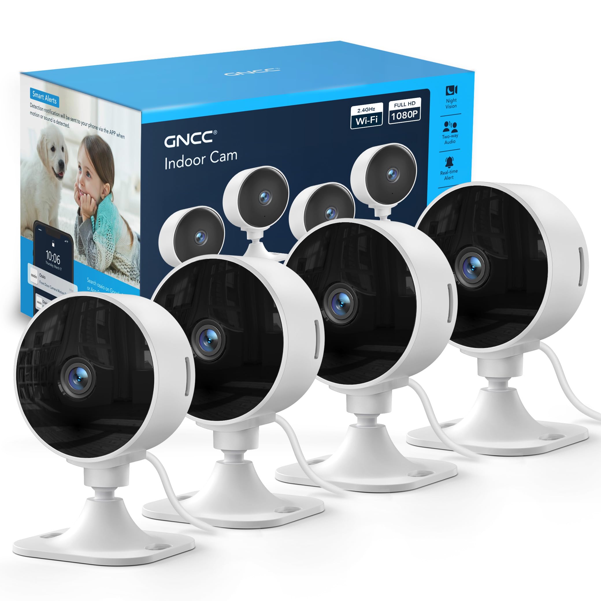 GNCC 2.4GHz Indoor Security Camera, 1080P Home Camera for Pet Monitoring, Motion Detection, Two-Way Audio, IR Night Vision, Easy Install, Cloud Storage Subscription Required, No 5GHz Support(2-Pack)