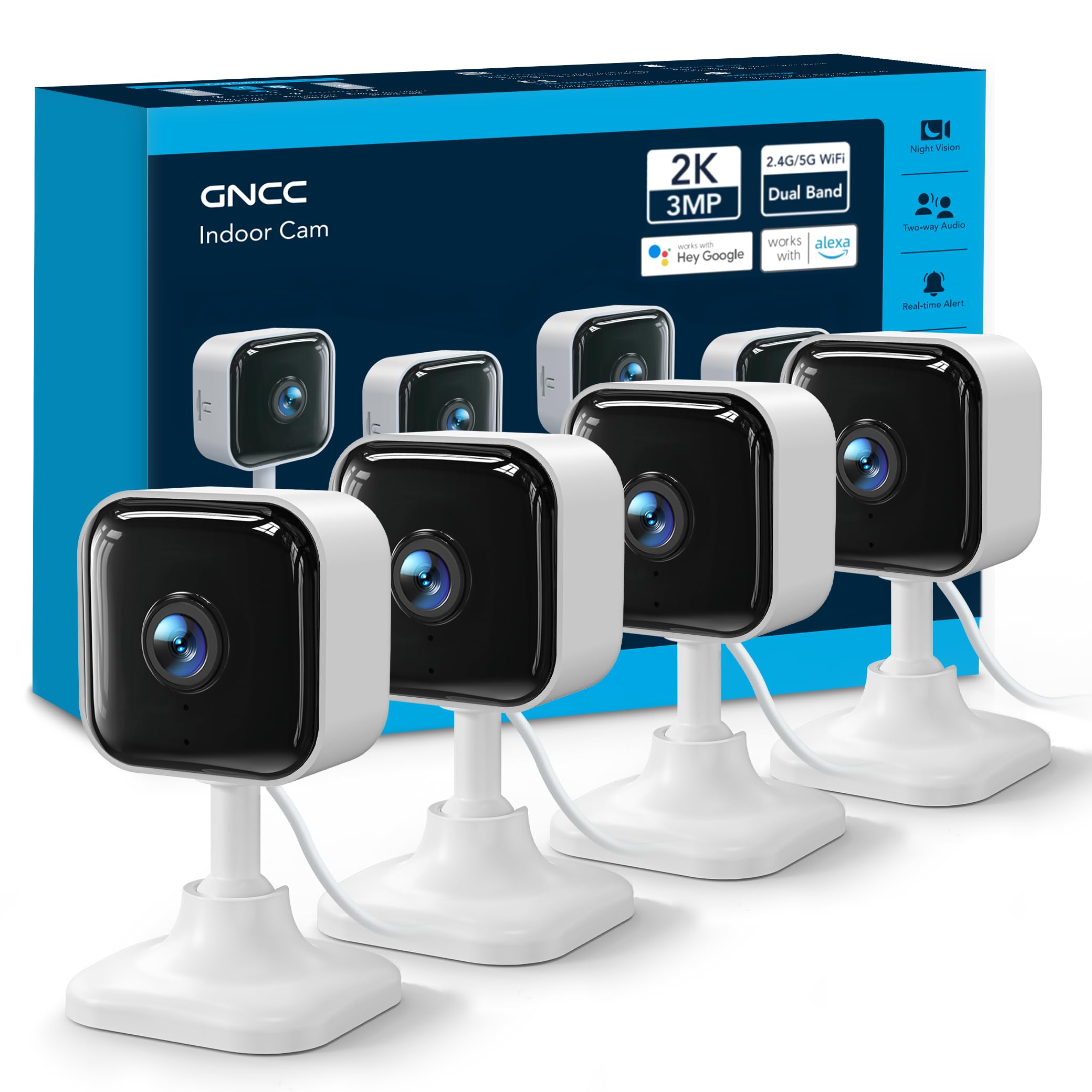 GNCC 2K Indoor Cameras for Home Security with Phone App, 2.4G/5G Mini Pet Cam w/Human/Motion/Sound Detection, Compatible with Alexa, Cloud Storage Optional, Fixed View, Plug-in, 2 Pack