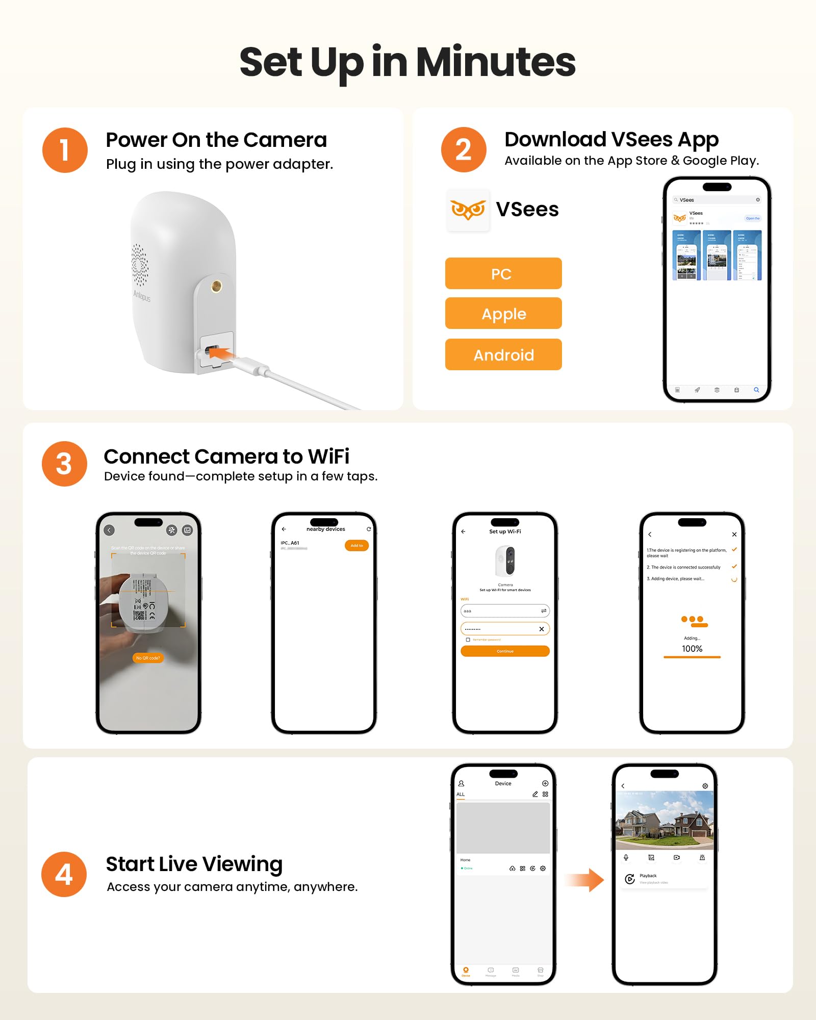 Anlapus 3MP 2K WiFi Security Camera Outdoor Indoor, 2 x WiFi6 & 2.4GHz Plug-in Cameras for Home Security, Color Night Vision, Human Vehicle Detection, Light Siren Alarm, 24/7 Recording, Easy Install