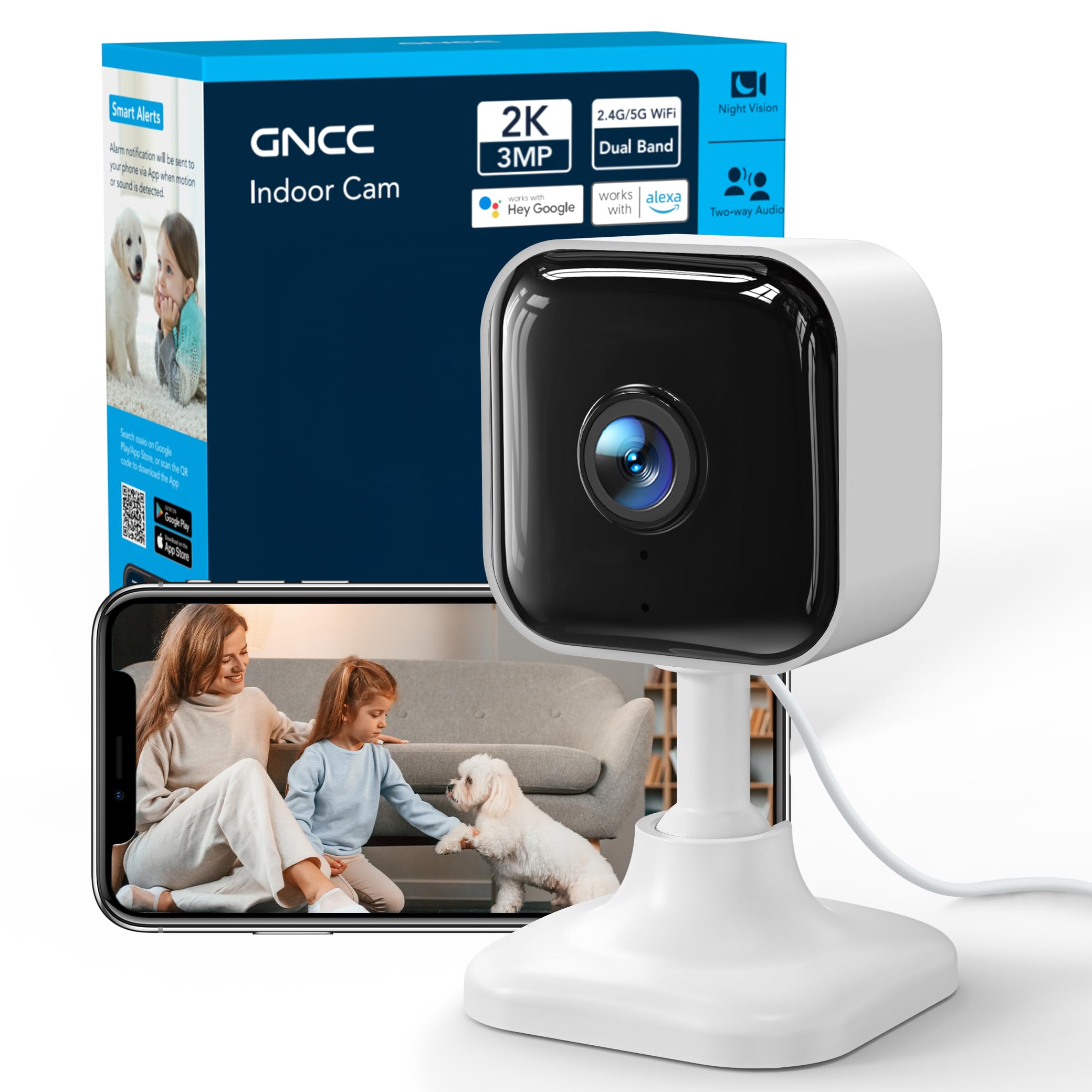 GNCC 2K Indoor Cameras for Home Security with Phone App, 2.4G/5G Mini Pet Cam w/Human/Motion/Sound Detection, Compatible with Alexa, Cloud Storage Optional, Fixed View, Plug-in, 2 Pack