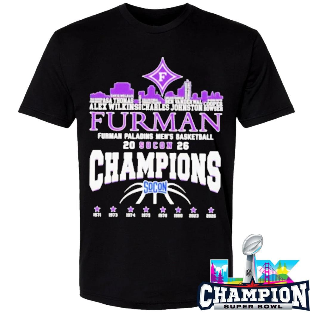 Furman Paladins Champions 2026 Socon Men’s Basketball 8x City Skyline Shirt