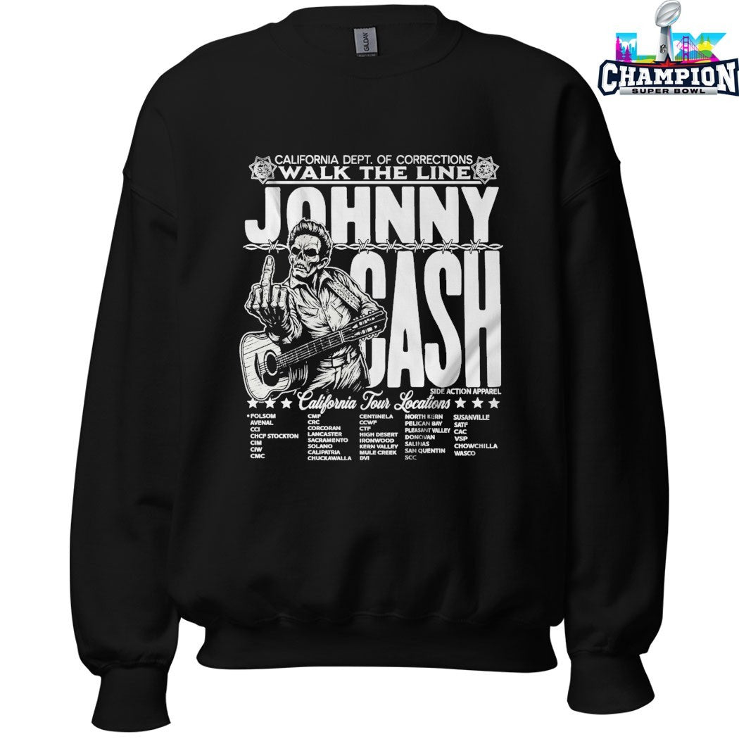 Johnny Cash X California Dept Of Corrections Walk The Line Tour Middle Finger Guitar T-shirts