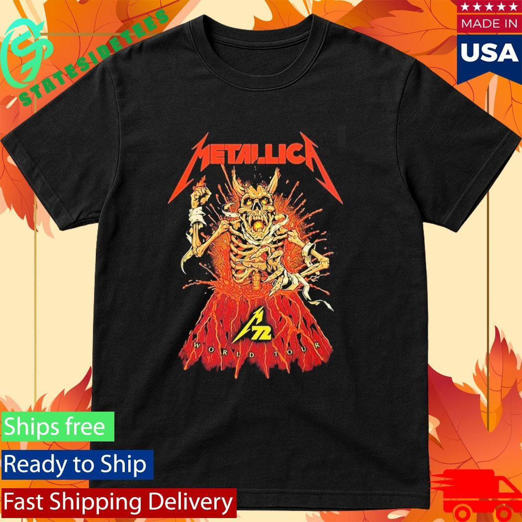 Metallica M72 World Tour Australia And New Zealand 2025 Fancards Feat Metallica Skeleton In The Vocano With Dates Back Shirt