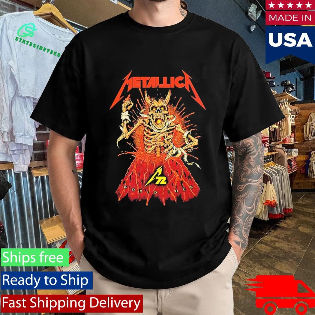 Metallica M72 World Tour Australia And New Zealand 2025 Fancards Feat Metallica Skeleton In The Vocano With Dates Back Shirt