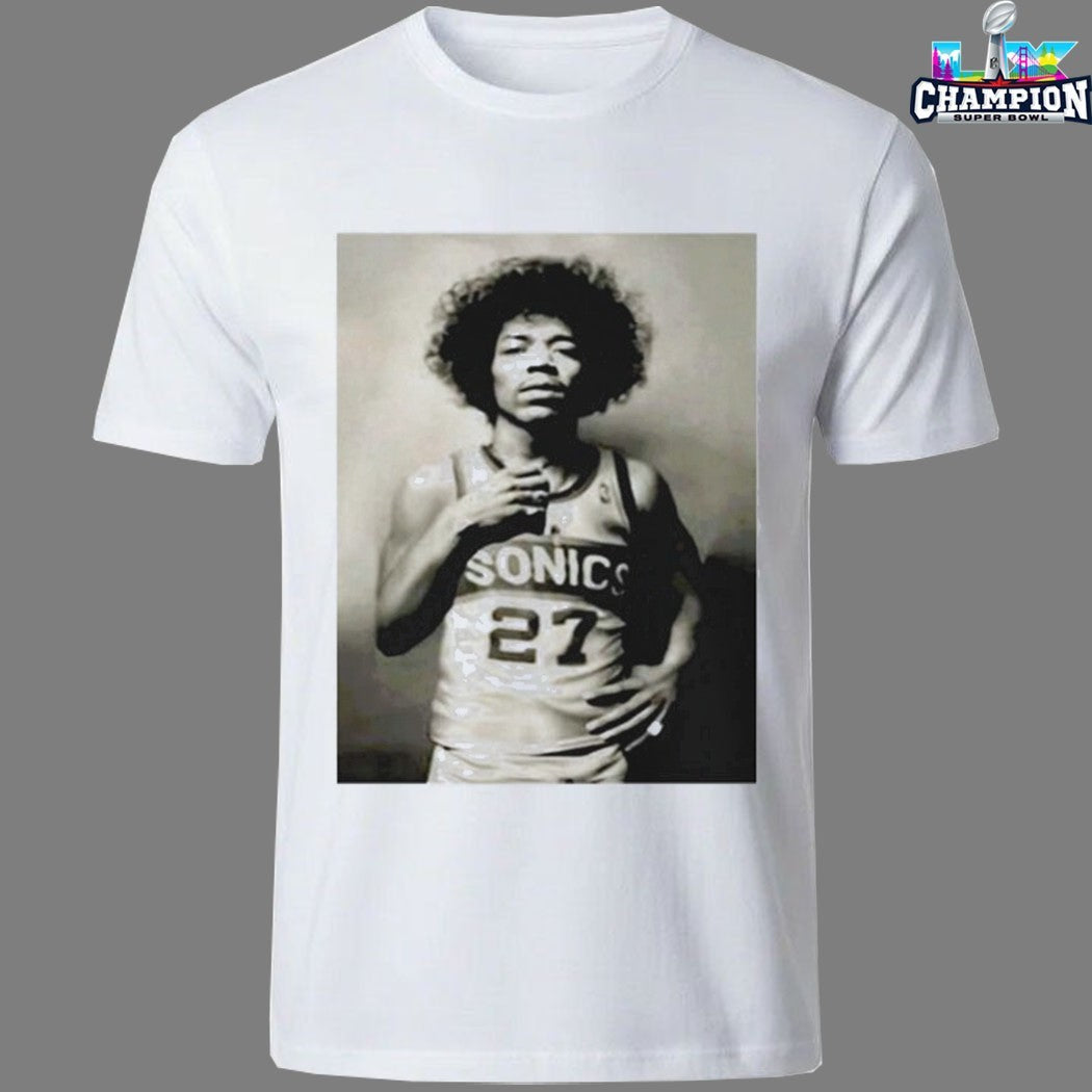 Mitch Johnson With Jimi Hendrix Wear Jersey Seattle Supersonics T-Shirts