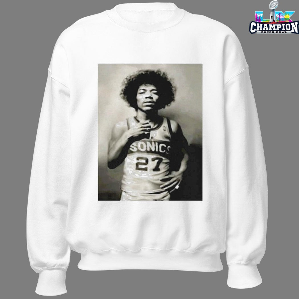 Mitch Johnson With Jimi Hendrix Wear Jersey Seattle Supersonics T-Shirts
