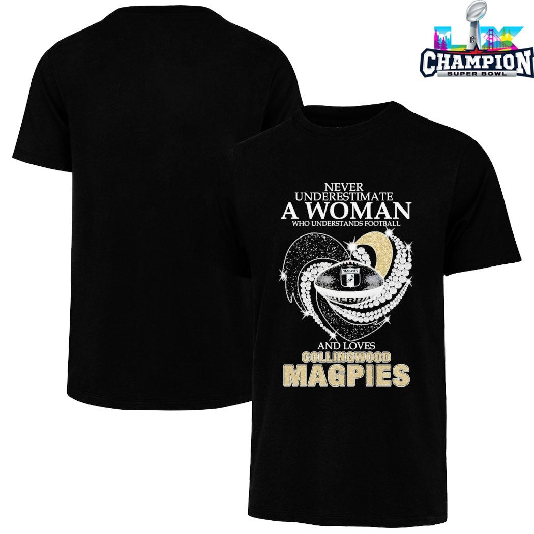 Never Underestimate A Woman Who Understands Football And Loves Collingwood Magpies Diamond Heart T-shirts