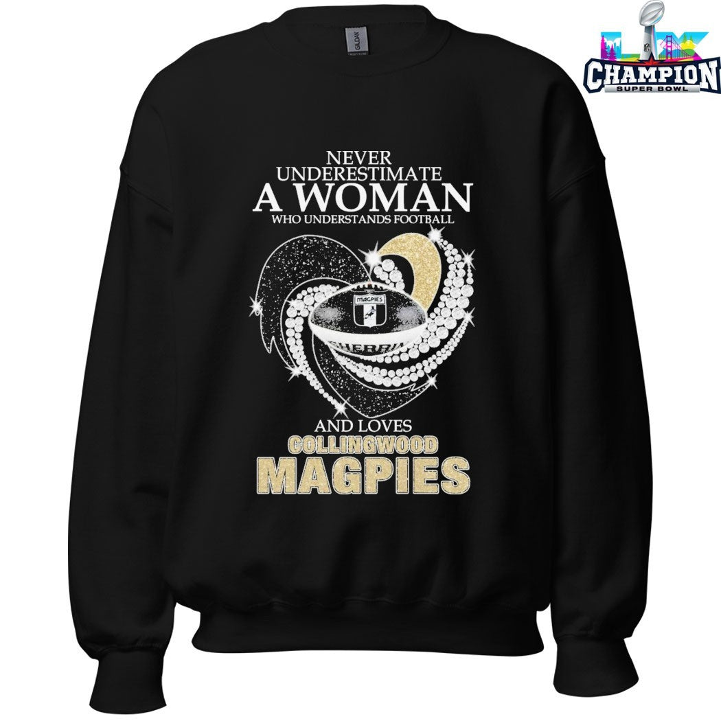 Never Underestimate A Woman Who Understands Football And Loves Collingwood Magpies Diamond Heart T-shirts