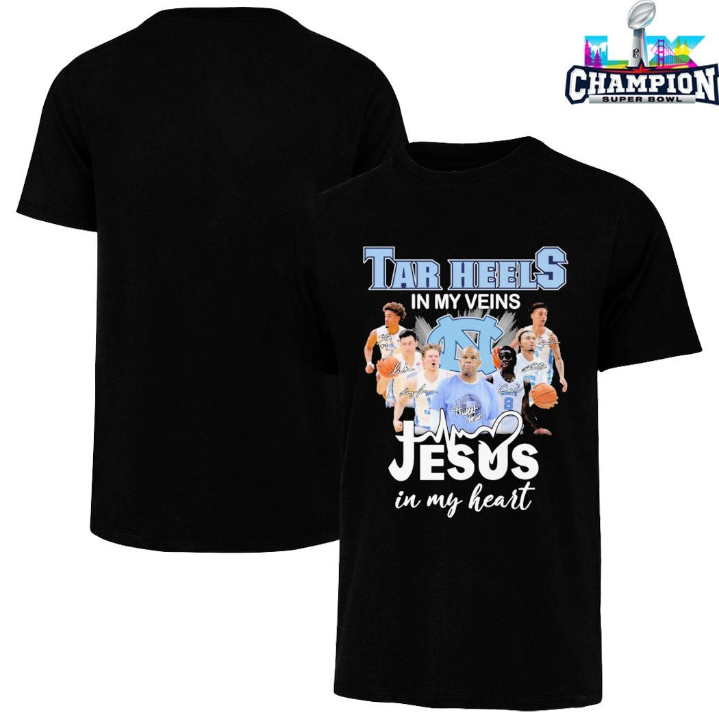 UNC North Carolina Tar Heels In My Veins Jesus In My Heart Signatures T-shirts