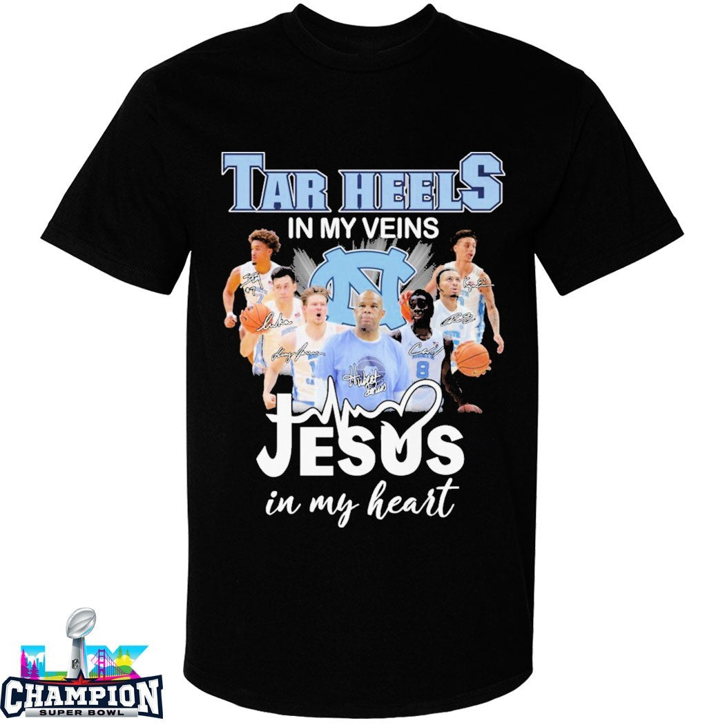 UNC North Carolina Tar Heels In My Veins Jesus In My Heart Signatures T-shirts