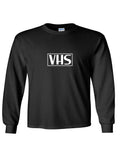 VHS Logo VCR Video Tape Retro White Logo Cool 80's Black Long Sleeve T-shirt