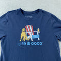 Life Is Good Shirt Mens Small Blue Crusher Patriotic Dog Beer USA Graphic Tee