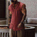Summer Mens Cotton Loose V-Neck Vest Distressed Raw Edge Sleeveless Tees Tops