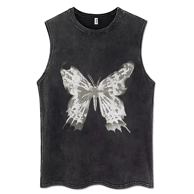 Gothic Angel Skeleton Butterfly Tank Top Washed Black Y2K Grunge Shirt [S-3XL]