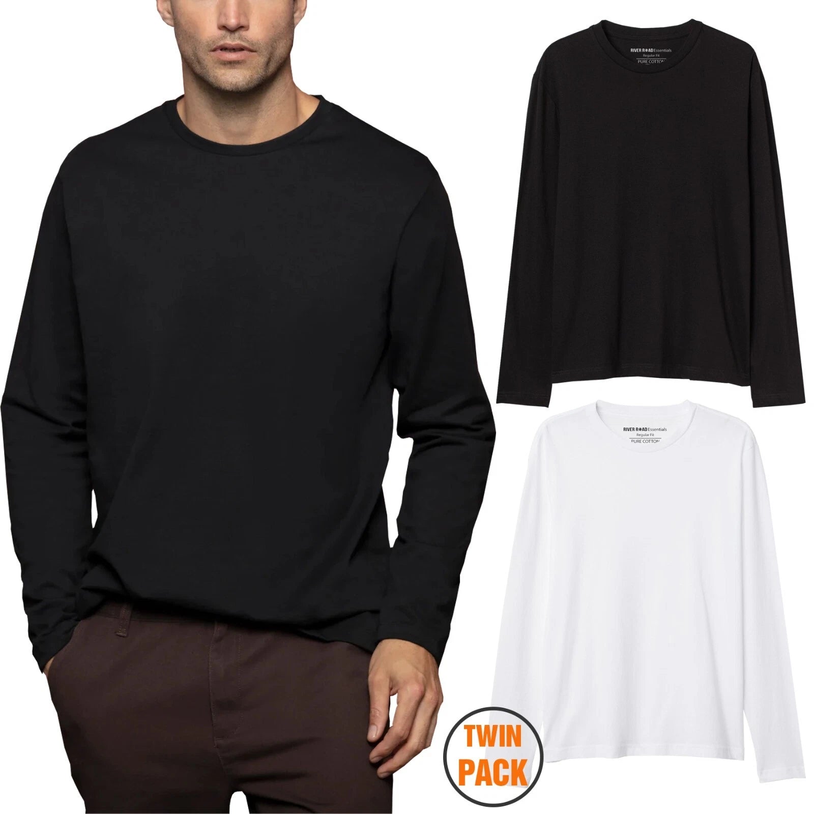 River Road Mens T-Shirt Long Sleeve  2 Pack Crew-Neck 100% Cotton Multipack Tops