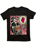 Men'S Vintage Pop Art Skeleton T-Shirt with Heart & Stars Design - Black Cotton