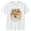 Cute Pomeranian Dog Wearing Flower Womens T-Shirt Boho Dog Mom Birthday