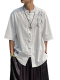 Men's Shirt Summer Linen Embroidered Shirt Cotton and Linen Short-sleeved Tops