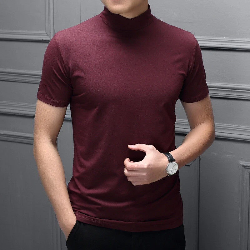 Mens Summer Fashion High Neck Tops T-Shirt Short Sleeve Pullver Tee Solid Col 」