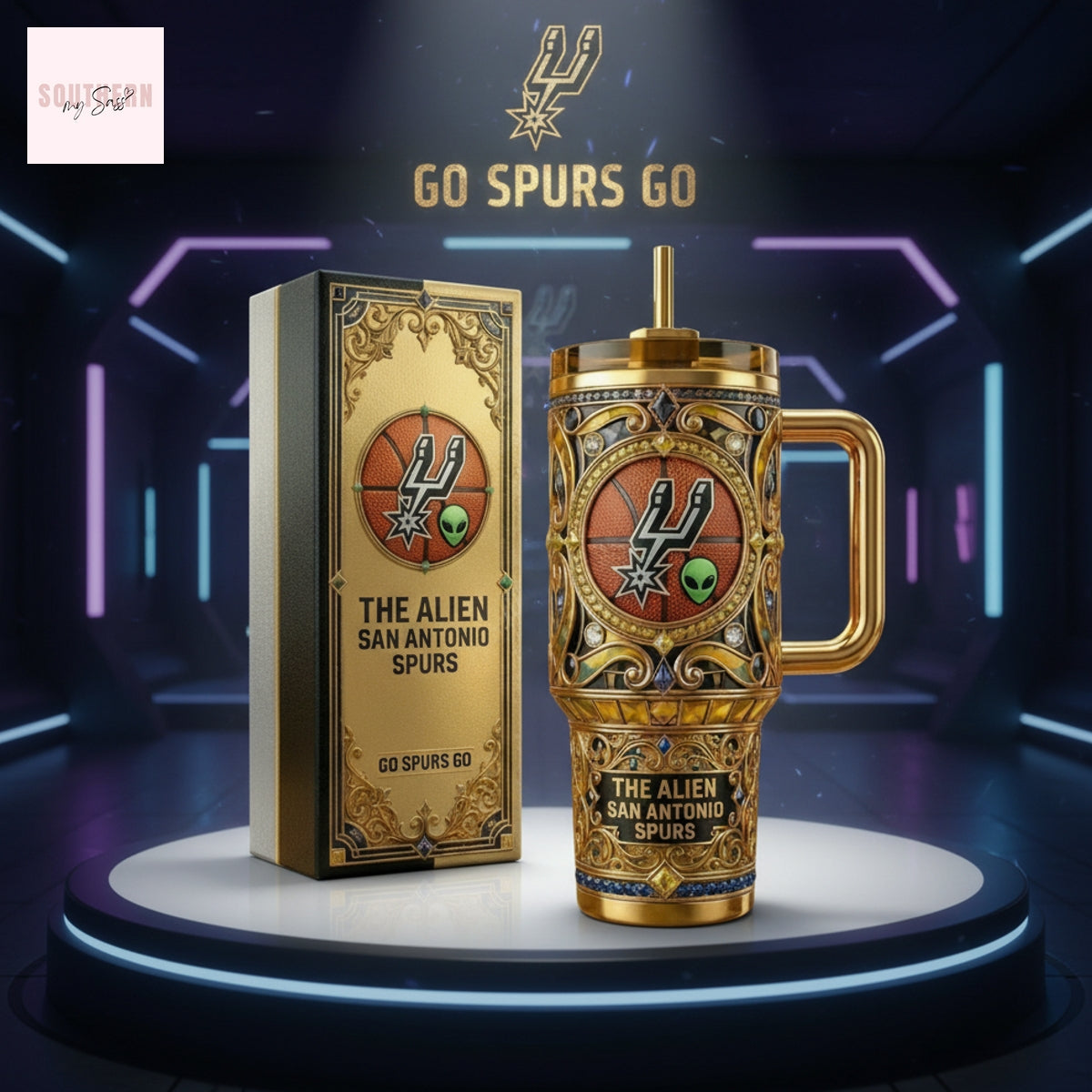 The Alien San Antonio Spurs Gold Ornate Travel Tumbler