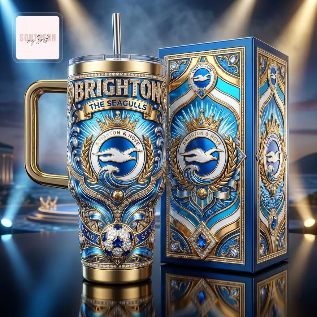 Brighton & Hove Albion FC 40oz Insulated Premium Gold & Blue Design Tumbler With Handle