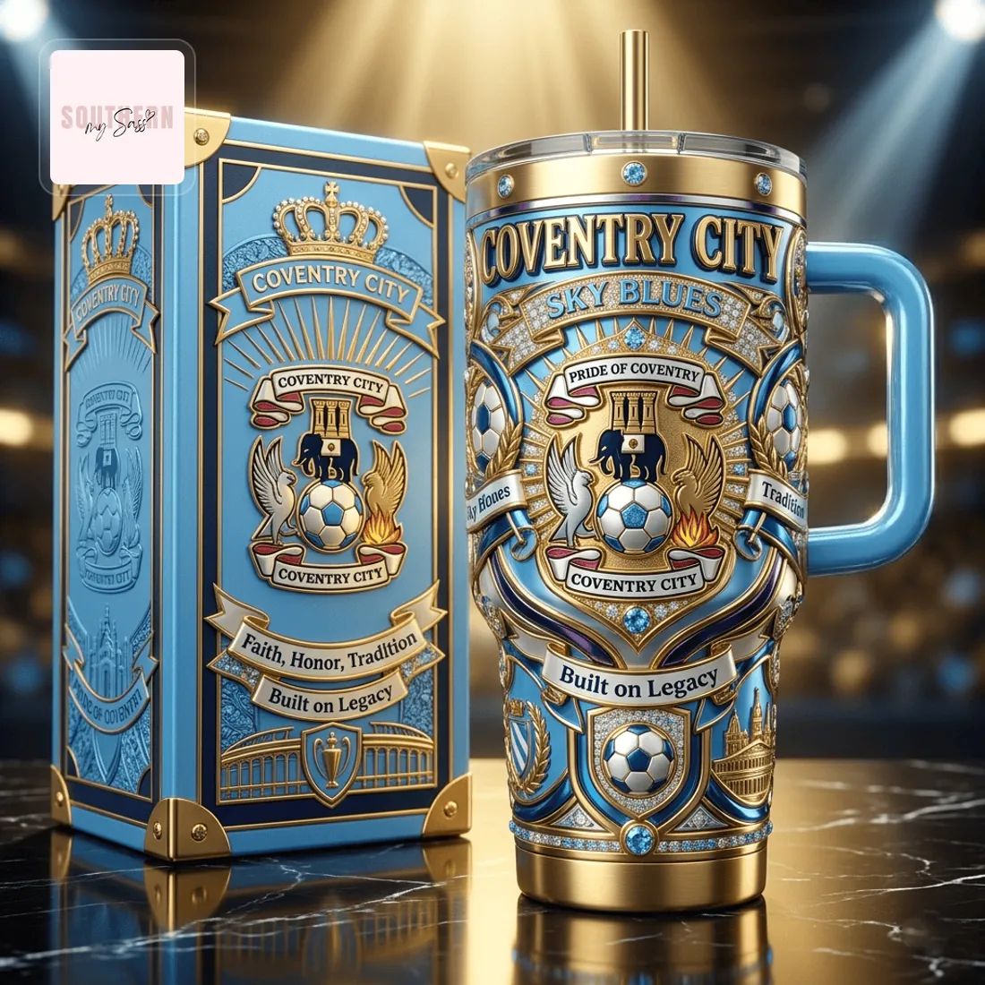 Coventry City Sky Blues 40oz Luxury Gold & Blue Insulated Tumbler With Handle