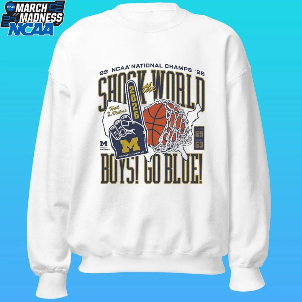Michigan Wolverines Men’s Basketball Shock The World Boys Go Blue Two-Time Ncaa National Champs 1989-2026 Shirt