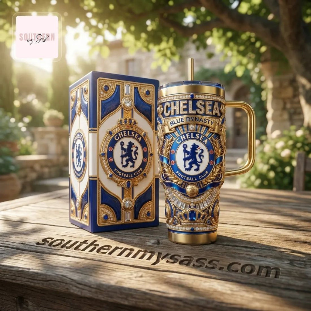 Chelsea Football Club Luxury Gold Diamond 40oz Insulated Tumbler With Handle