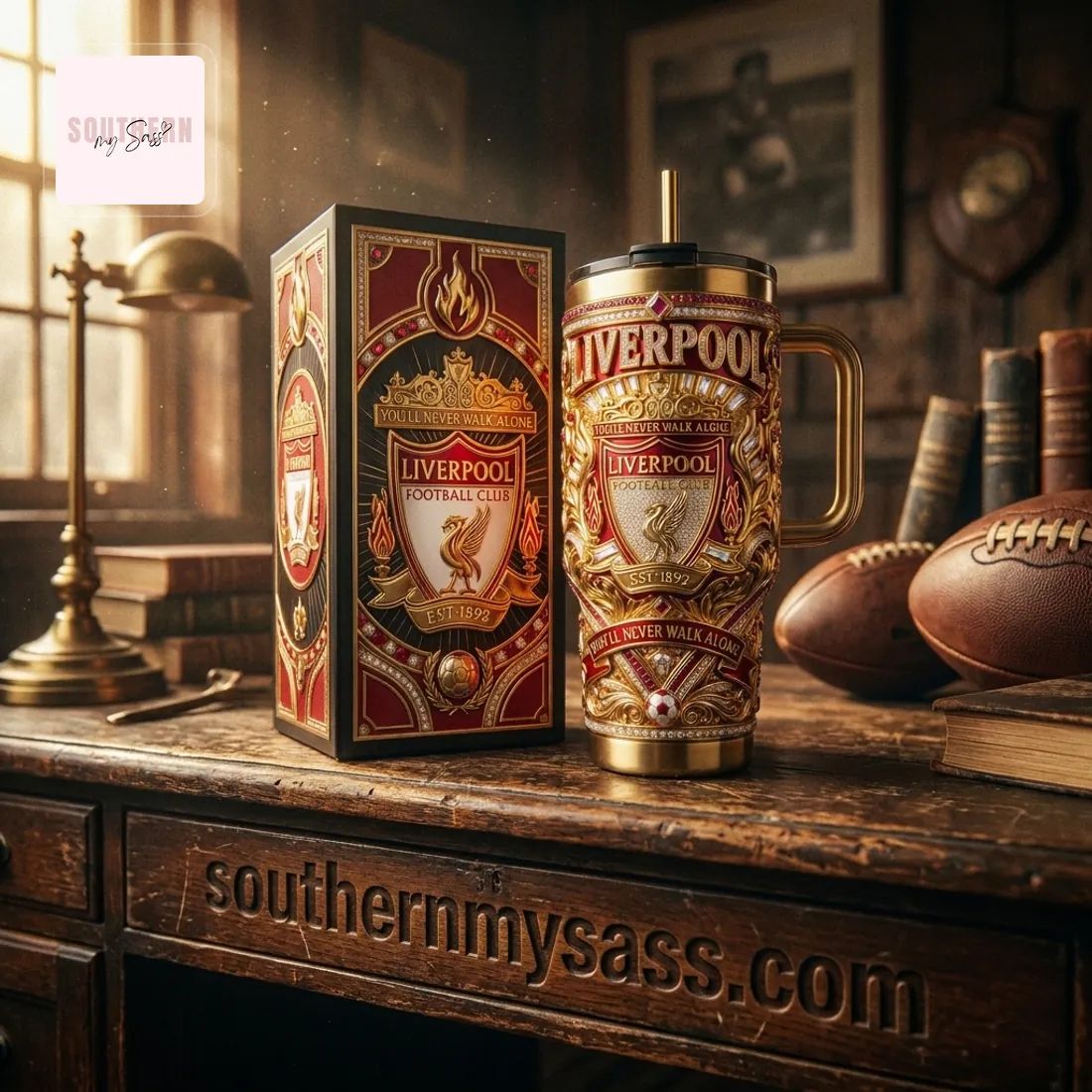Liverpool Football Club Luxury Gold Red 40oz Insulated Tumbler With Handle