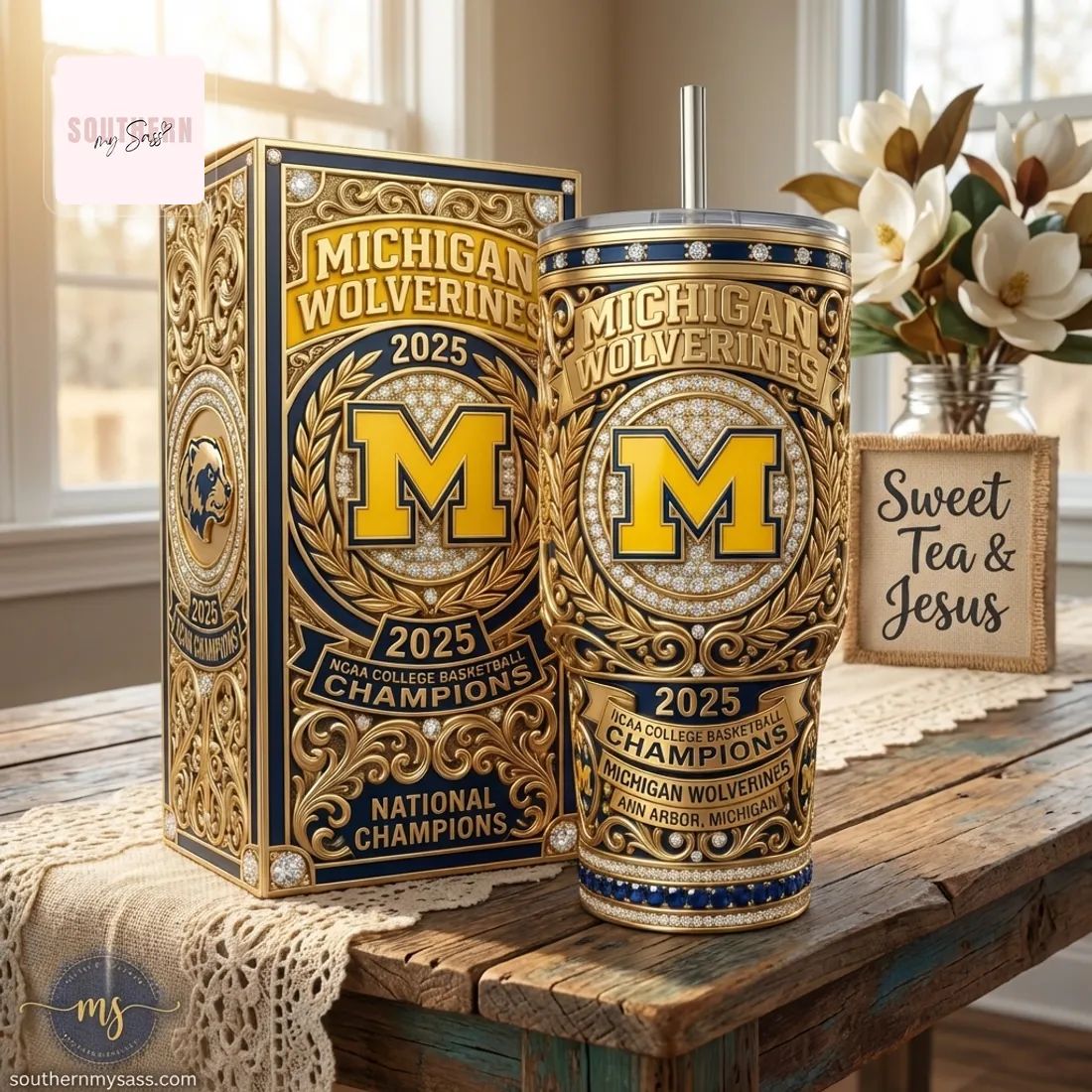 Michigan Wolverines 2025 NCAA College Basketball Champions Gold Tumbler