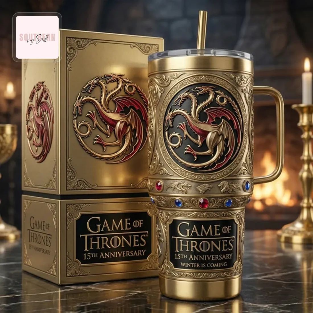 Game of Thrones 15th Anniversary Winter Is Coming Luxury Gold Targaryen 40oz Tumbler
