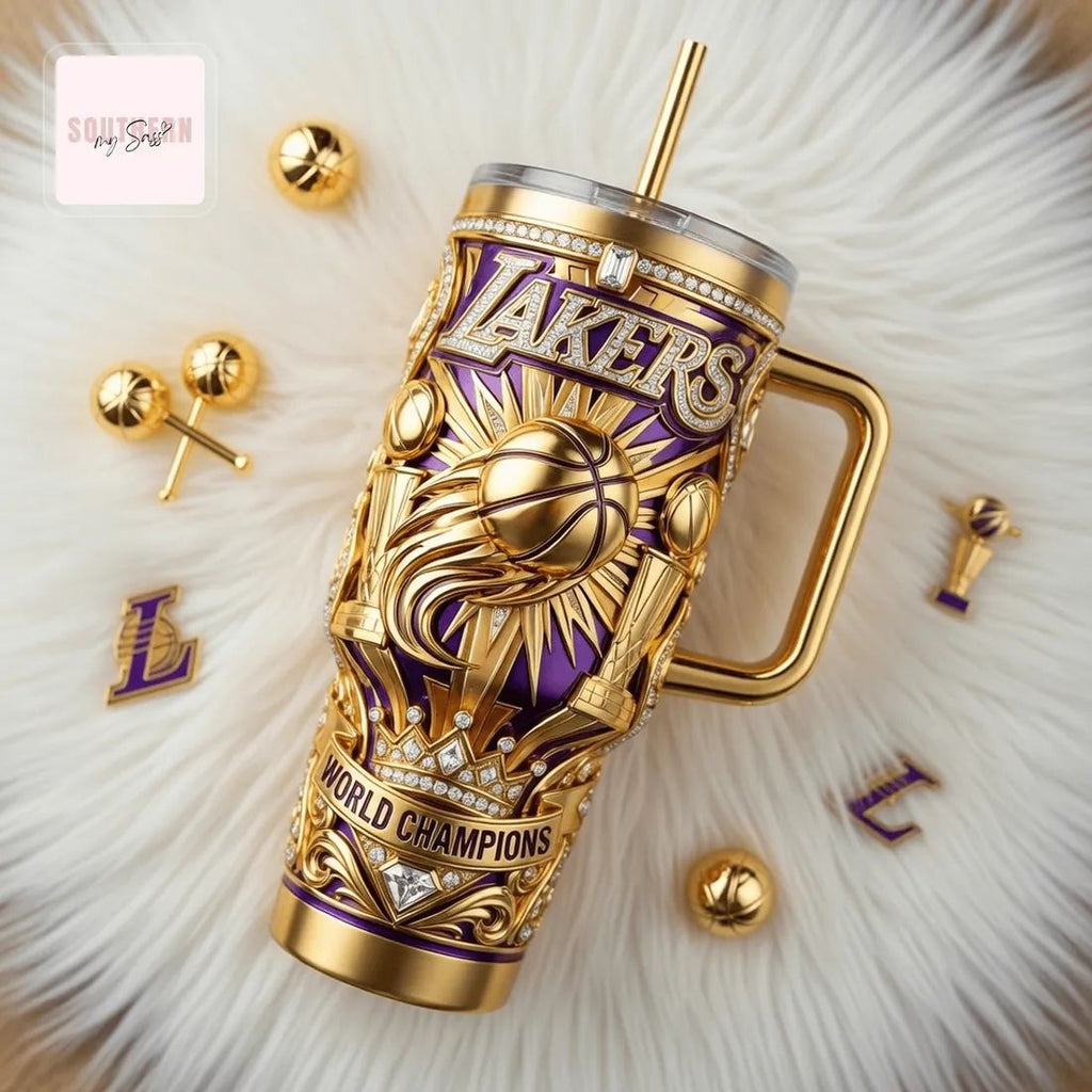 Lakers World Champions Gold 3D Embossed 40oz Tumbler With Handle