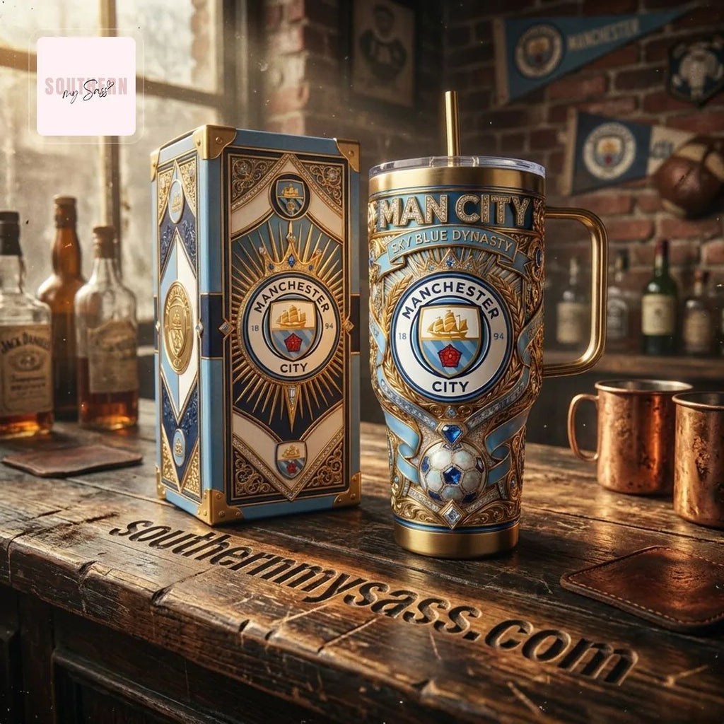 Manchester City Luxury Gold Accented 40oz Insulated Tumbler With Handle