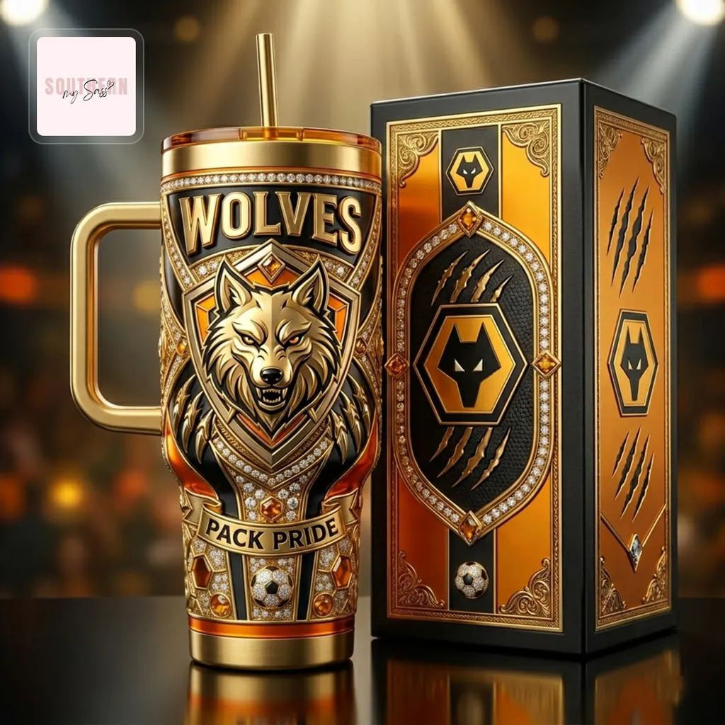 Wolverhampton Wanderers Wolves Luxury Gold 40oz Diamond Insulated Tumbler with Handle
