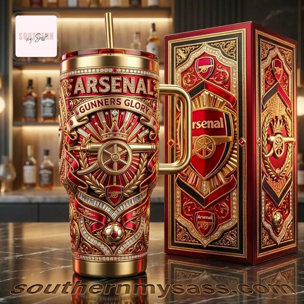 Arsenal Luxury Diamond Embellished Gold 40oz Tumbler with Handle