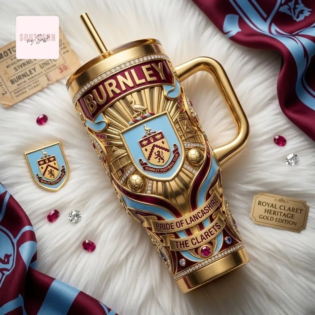 Burnley FC Royal Claret Heritage Gold Edition Luxury Insulated 40oz Tumbler With Handle