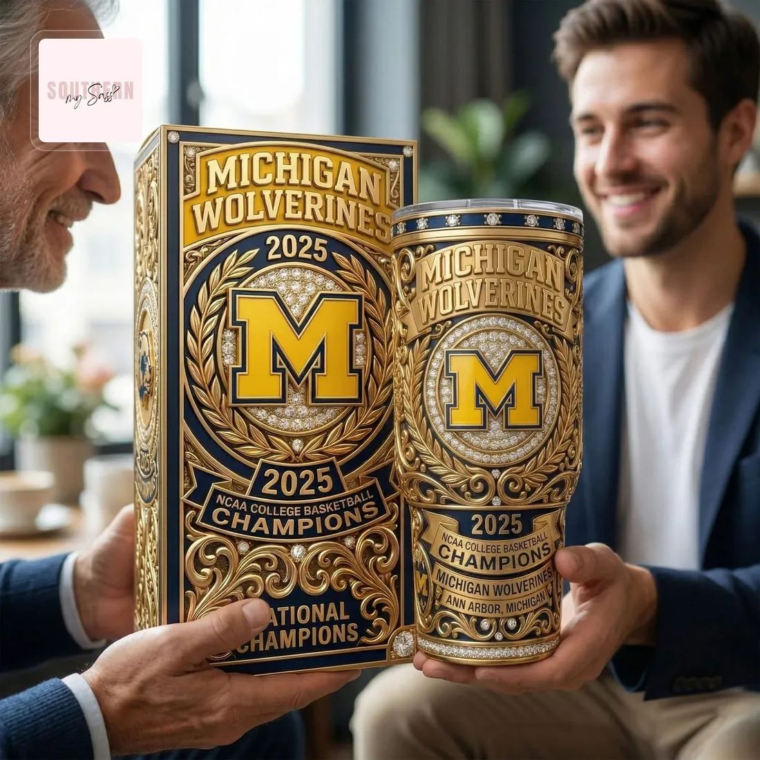 Michigan Wolverines 2025 NCAA College Basketball Champions Gold Tumbler